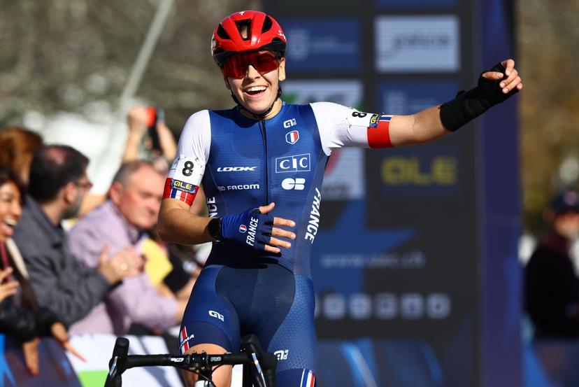 French Celia Gery celebrates as she crosses the finish line to win the U23 Women race at the European Championships cyclocross cycling in Pontevedra, Spain, Sunday 03 November 2024. BELGA PHOTO DAVID PINTENS