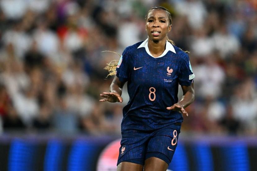 France's midfielder #08 Grace Geyoro celebrates after scoring her team's first goal during the UEFA Women's Euro 2025 quarter finals football match between France and Germany at the Parc Saint-Jacques (St. Jakob Park) stadium in Basel, on July 19, 2025.  Fabrice COFFRINI / AFP