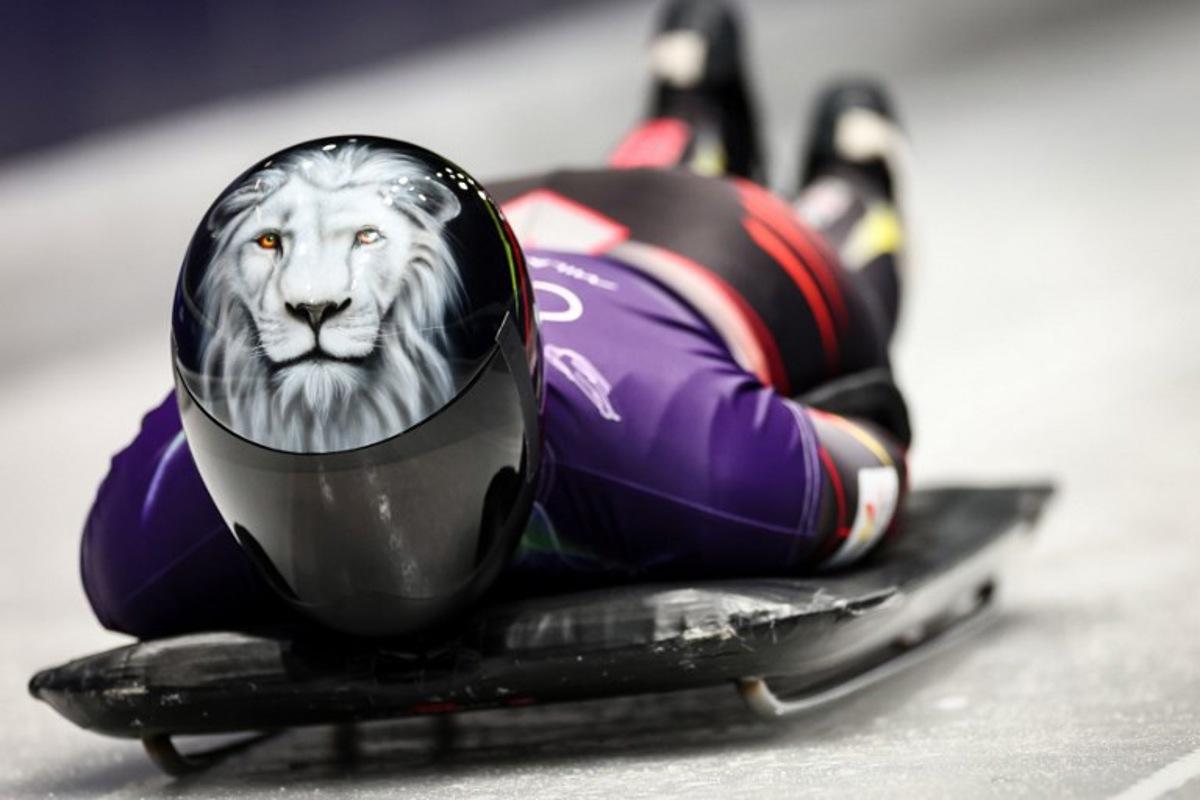 Belgium's Kim Meylemans takes part in the skeleton women's training session at Cortina Sliding Centre during the Milano Cortina 2026 Winter Olympic Games in Cortina d'Ampezzo on February 9, 2026.  FRANCK FIFE / AFP