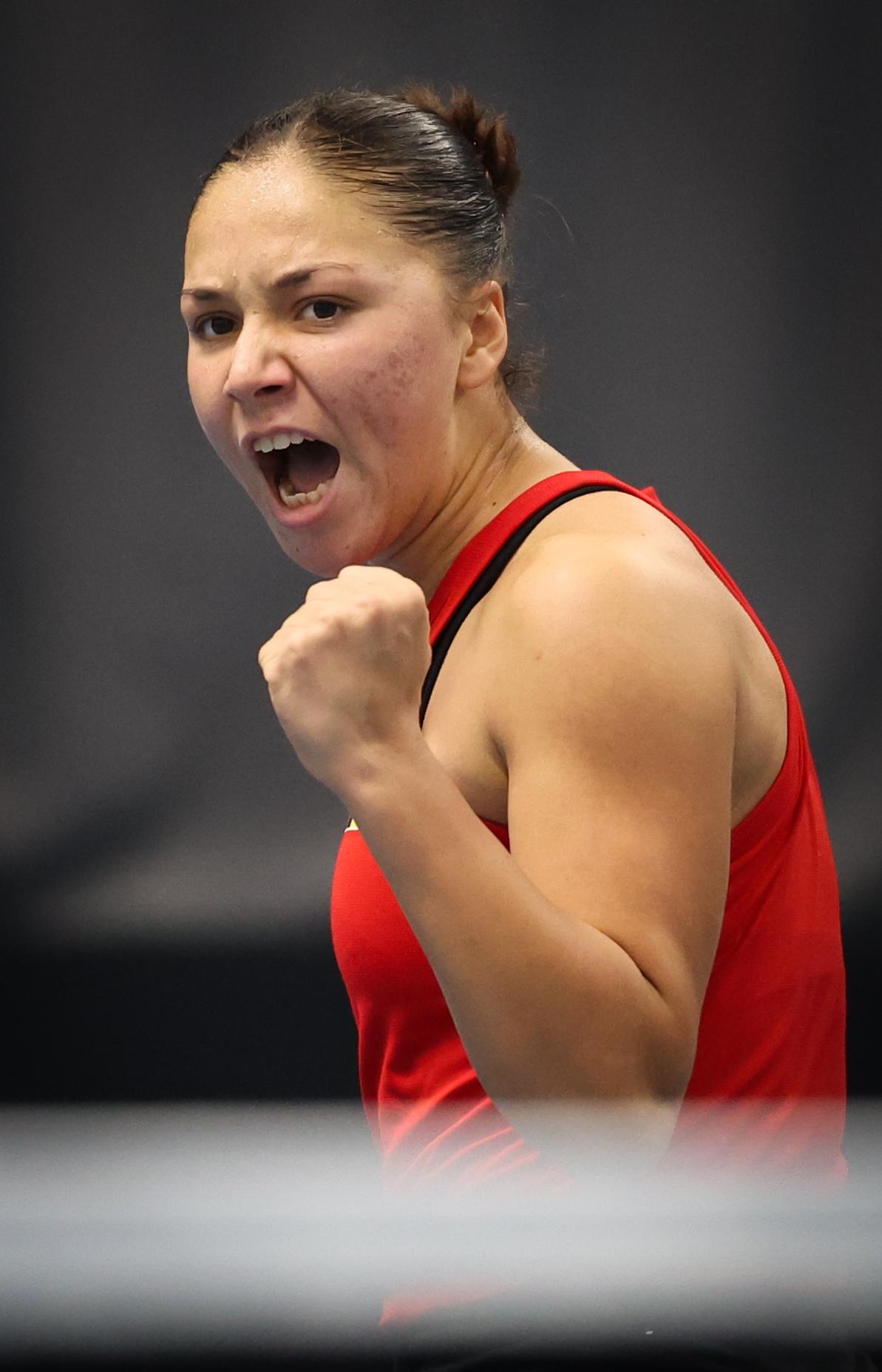 Belgian Sofia Costoulas celebrates during a tennis match between Belgian Costoulas and Hungarian Toth, in the meeting between Belgium and Hungary in the pool phase of the Europe/Africa Group I of the Billie Jean King Cup tennis, in Vilnius, Lithuania on Wednesday 09 April 2025. PHOTO VIRGINIE LEFOUR PHOTO VIRGINIE LEFOUR