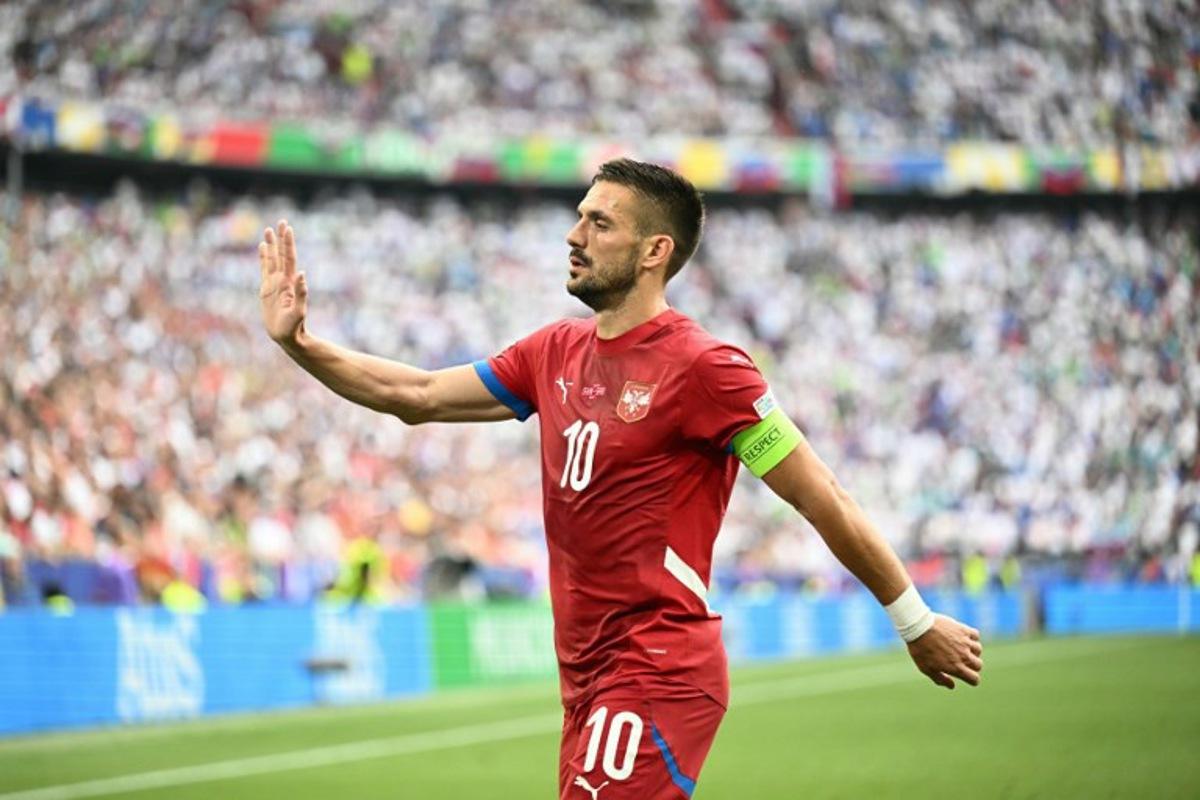 Serbia's forward #10 Dusan Tadic reacts during the UEFA Euro 2024 Group C football match between Slovenia and Serbia at the Munich Football Arena in Munich, southern Germany, on June 20, 2024.  Fabrice COFFRINI / AFP