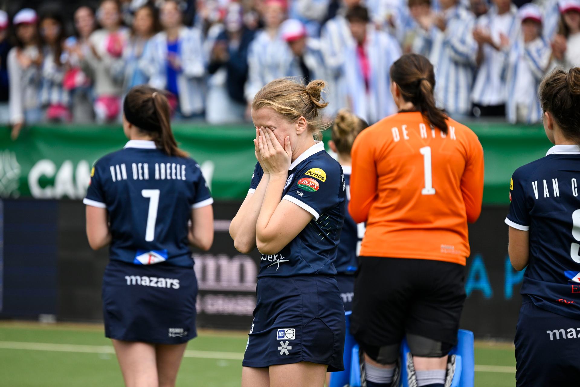 Gantoise's Anne-Sophie Vanden Borre shows defeat after a hockey game between Braxgata and Gantoise, Sunday 25 May 2025 in Antwerp, the second leg game in the finals of the women's 2024-2025 Belgian first division hockey championship. BELGA PHOTO TOM GOYVAERTS