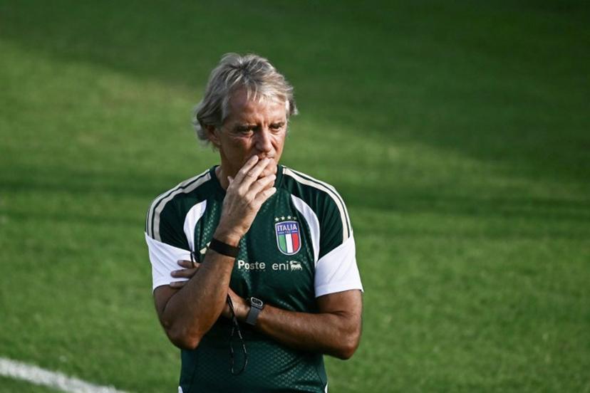 Italy's head coach Roberto Mancini looks on during a training session in Coverciano, near Florence, on September 21, 2026, ahead of Italy's UEFA Nations League football match against Belgium.  Filippo MONTEFORTE / AFP