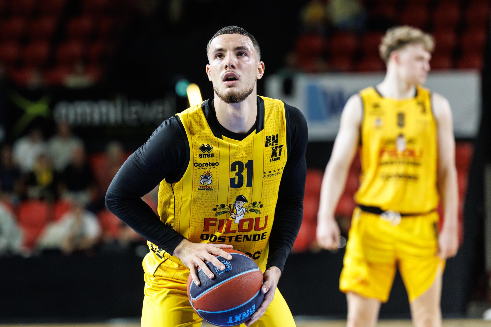 Oostende's Noam Yaacov pictured in action during a basketball match between Belgian BC Oostende and Dutch Heroes Den Bosch, Saturday 20 September 2025 in Oostende, the supercup of the 'BNXT League' Belgian/Dutch first division basket championship between the champion of Belgium and the Netherlands. BELGA PHOTO KURT DESPLENTER