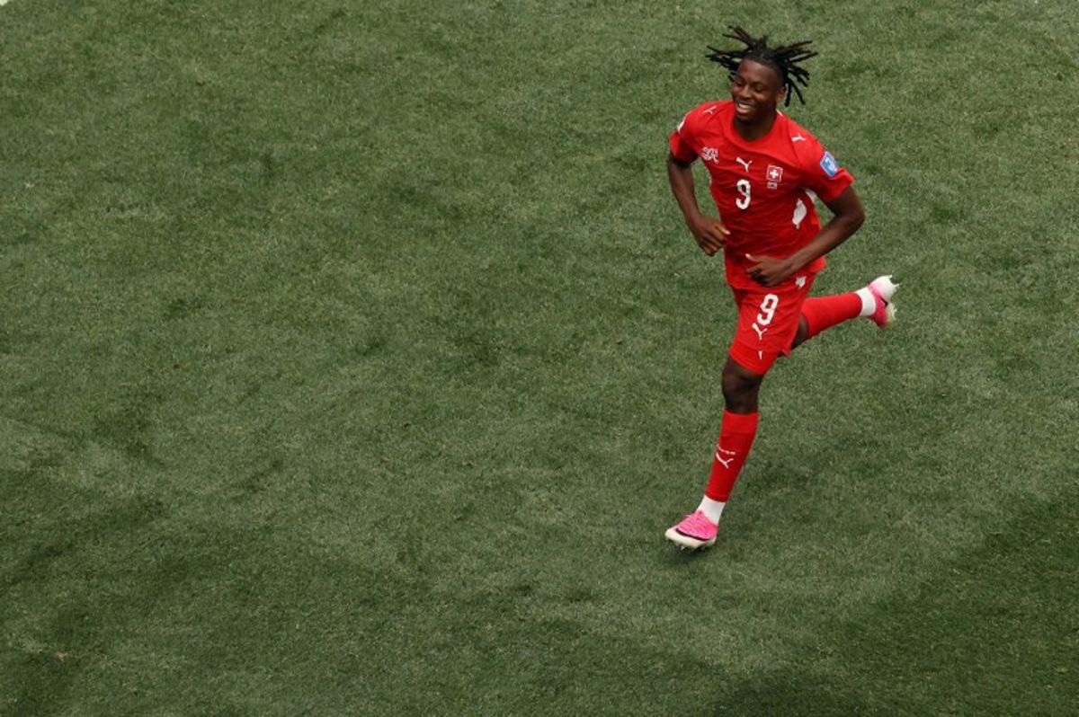 Switzerland's midfielder #09 Johan Manzambi celebrates scoring his team's third goal during the 2026 World Cup Group B football match between Switzerland and Bosnia and Herzegovina at Los Angeles Stadium in Inglewood on June 18, 2026.   Etienne Laurent / AFP