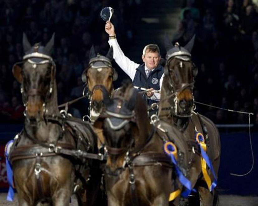 Boyd Exell of Australia, celebrates winning the FEI World Cup Driving event during the Sweden International Horse Show at the Friends Arena in Stockholm, on November 30, 2014. AFP PHOTO/TT NEWS AGENCY/ MAJA SUSLIN    -SWEDEN OUT- SWEDEN OUT

