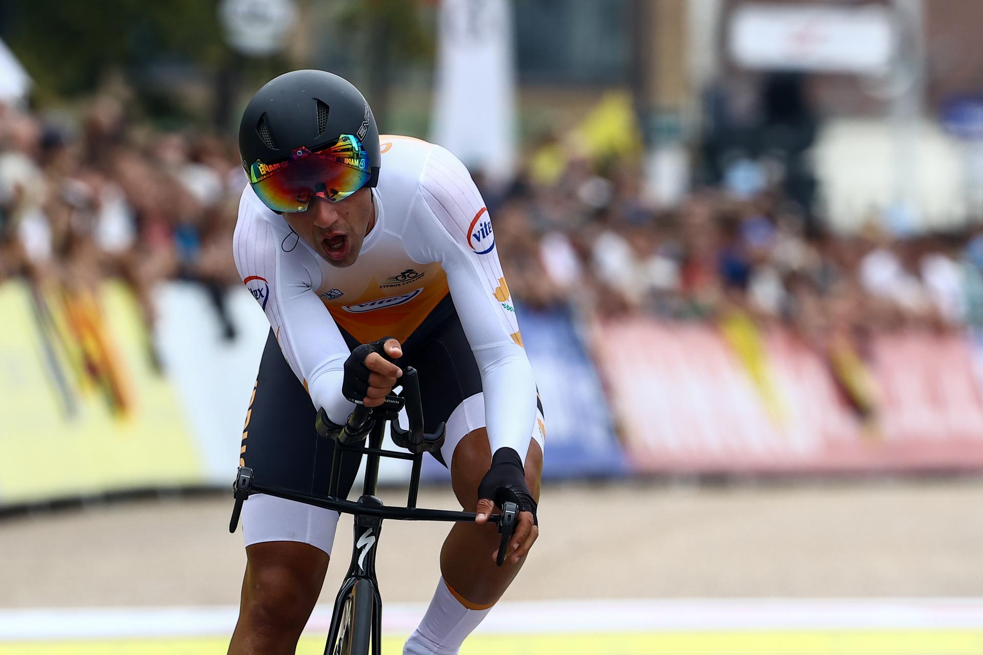 Cyprus' Andreas Miltiadis crosses the finish line of the men elite time trial race, 43,3 km from Knokke-Heist to Brugge, at the UCI World Championships Road Cycling Flanders 2021, in Brugge on Sunday 19 September 2021. The Worlds take place from 19 to 26 September 2021, in several cities in Flanders, Belgium. BELGA PHOTO KURT DESPLENTER