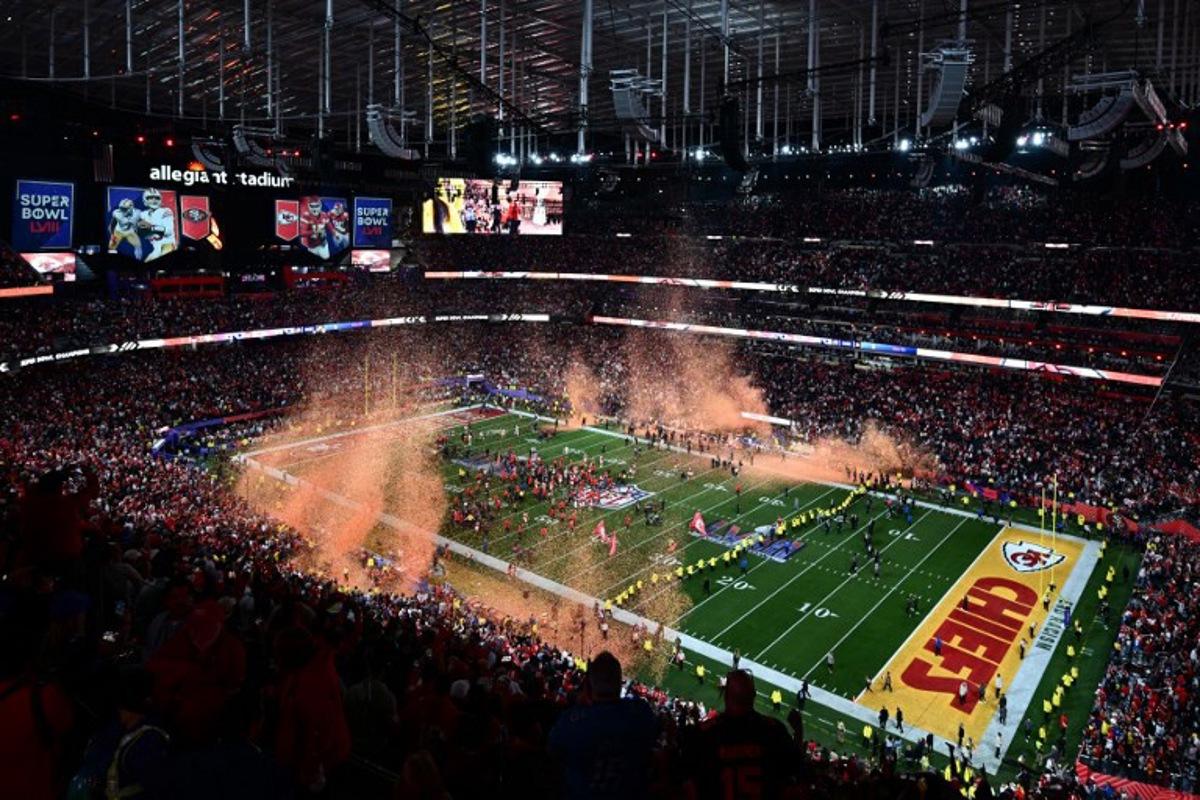 A general view shows the field after the Kansas City Chiefs won Super Bowl LVIII against the San Francisco 49ers at Allegiant Stadium in Las Vegas, Nevada, February 11, 2024.  Patrick T. Fallon / AFP