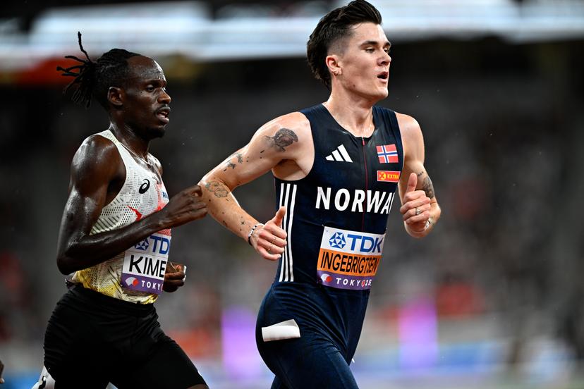 Belgian Isaac Kimeli and Norwegian Jakob Ingebrigtsen pictured in action during the 5000m men final, at the World Athletics Championships in Tokyo, Japan, on Sunday 21 September 2025. The outdoor Worlds are taking place from 13 to 21 September. BELGA PHOTO JASPER JACOBS
