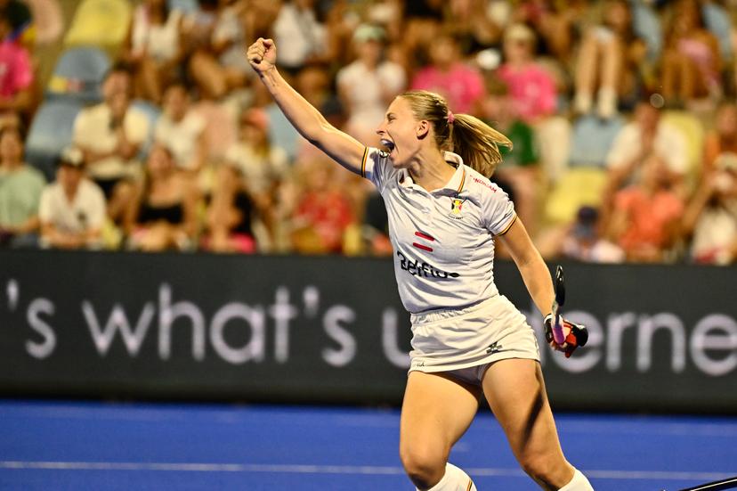 Belgium's Justine Rasir celebrates at a hockey game between Germany and the Belgian national team Red Panthers, the semi-finals of the 2025 women's European championships, Friday 15 August 2025 in Monchengladbach, Germany.  BELGA PHOTO ERIC LALMAND