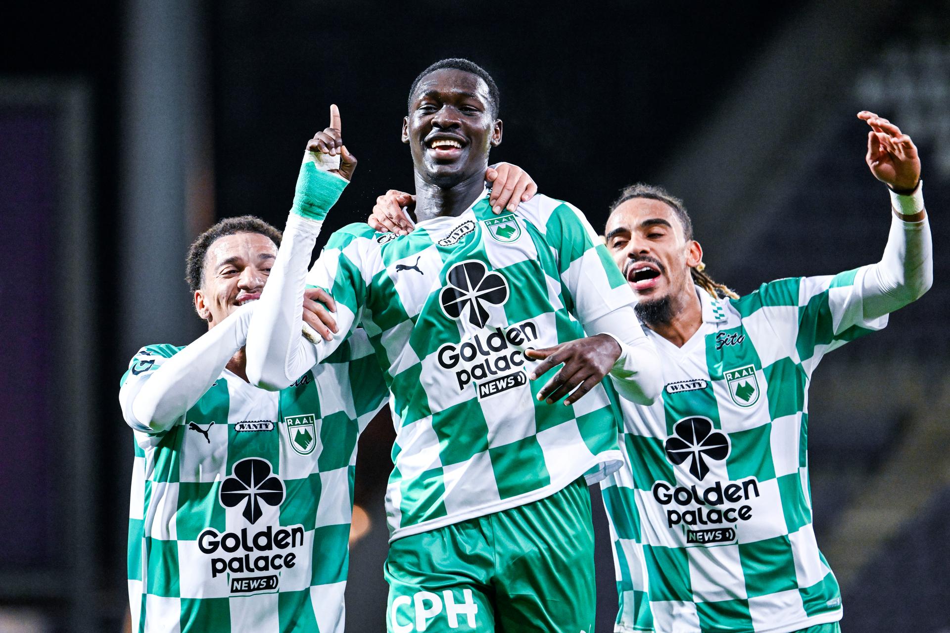 RAAL's Pape Fall celebrates after scoring during a soccer game between Beerschot VA (1B) and RAAL La Louviere, a 1/8 final game in the Croky Cup Belgian soccer cup competition, Tuesday 02 December 2025 in Antwerp. BELGA PHOTO TOM GOYVAERTS