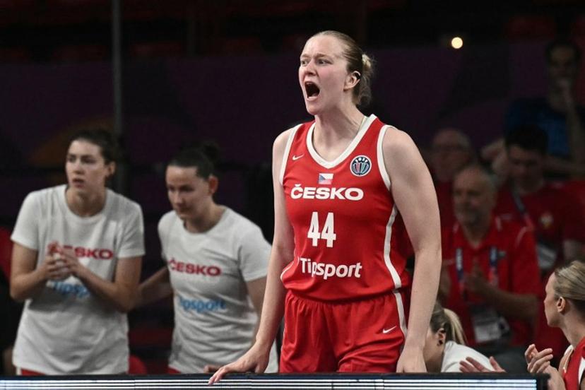 Czech Republic's centre Julia Reisingerova reacts from the bench during the FIBA Women's EuroBasket 2025 quarter-final match between Spain and Czech Republic at the Peace and Friendship Stadium in Piraeus near Athens on June 25, 2025.  Angelos Tzortzinis / AFP