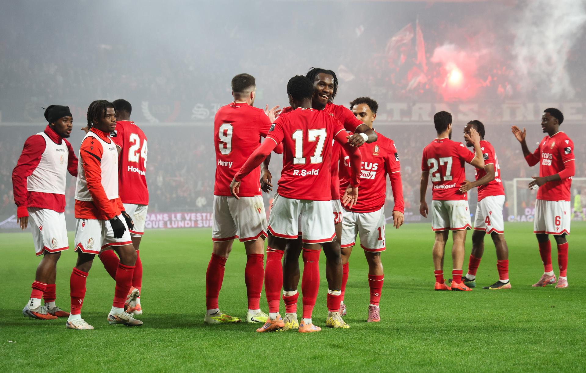Standard's Rafiki Said celebrates during a soccer match between Standard de Liege and Sporting Charleroi, Friday 31 October 2025 in Liege, on day 13 of the 2025-2026 'Jupiler Pro League' first division of the Belgian championship. BELGA PHOTO VIRGINIE LEFOUR