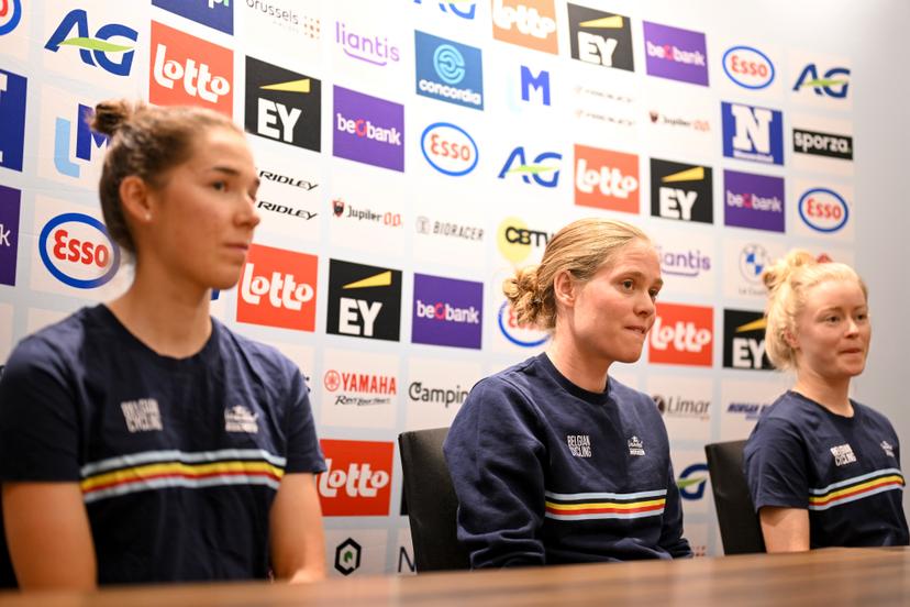 Belgian Marieke Meert, Belgian Julie Van De Velde and Belgian Margot Vanpachtenbeke pictured during a press conference at the cycling road World Championships, in Kigali, Rwanda, Thursday 25 September 2025. The 2025 UCI Road World Championships take place from 21 to 28 September in Kigali, Rwanda. BELGA PHOTO DIRK WAEM