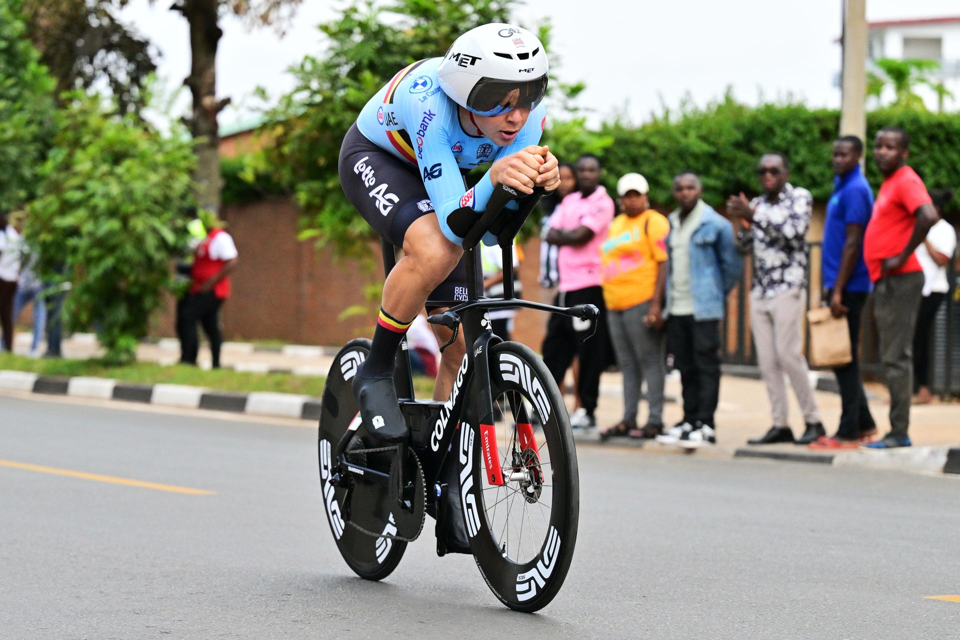 Belgian Florian Vermeersch pictured in action during the Men Elite Individual Time Trial race (40,8km) at the cycling road world championships, in Kigali, Rwanda, Sunday 21 September 2025. The 2025 UCI Road World Championships take place from 21 to 28 September in Kigali, Rwanda. BELGA PHOTO DIRK WAEM