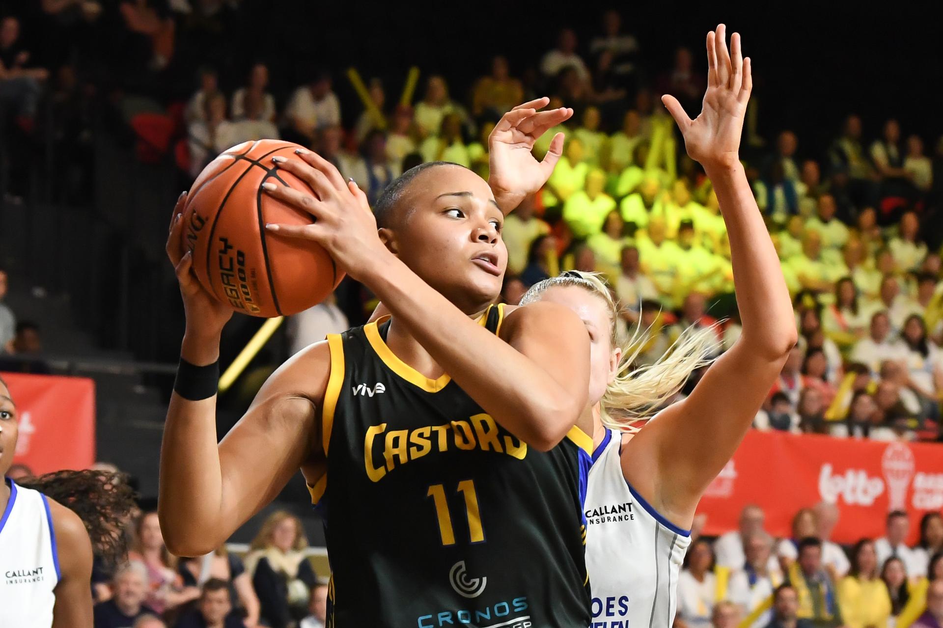 Castors' Jaquaya Miller pictured in action during a basketball match between Kangoeroes Mechelen and Castors Braine, Saturday 08 March 2025 in Oostende, the final of the women's Belgian Basketball Cup. BELGA PHOTO JILL DELSAUX