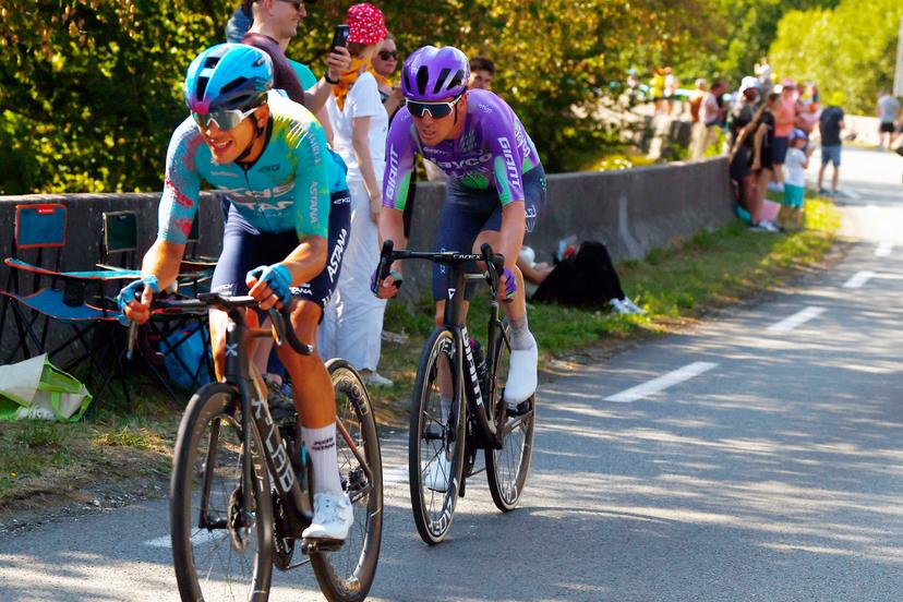 Colombian Harold Tejada of XDS Astana Team and Swiss Mauro Schmid of Team Jayco AlUla pictured in action during stage 13 of the 2026 Tour de France cycling race, a stage of 205km from Dole to Belfort, on Friday 17 July 2026. The 113th edition of the Tour de France starts on Saturday 4 July in Barcelona, Spain, and will finish in Paris, France on the 26th of July. BELGA PHOTO POOL LUCA BETTINI