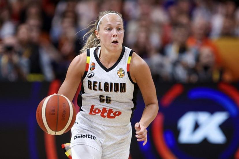 Belgium's point guard #55 Julie Allemand dribbles during the FIBA Women's Basketball World Cup quarter-final match between Belgium and Germany at the Berlin Arena in Berlin on September 10, 2026.  Ronny HARTMANN / AFP