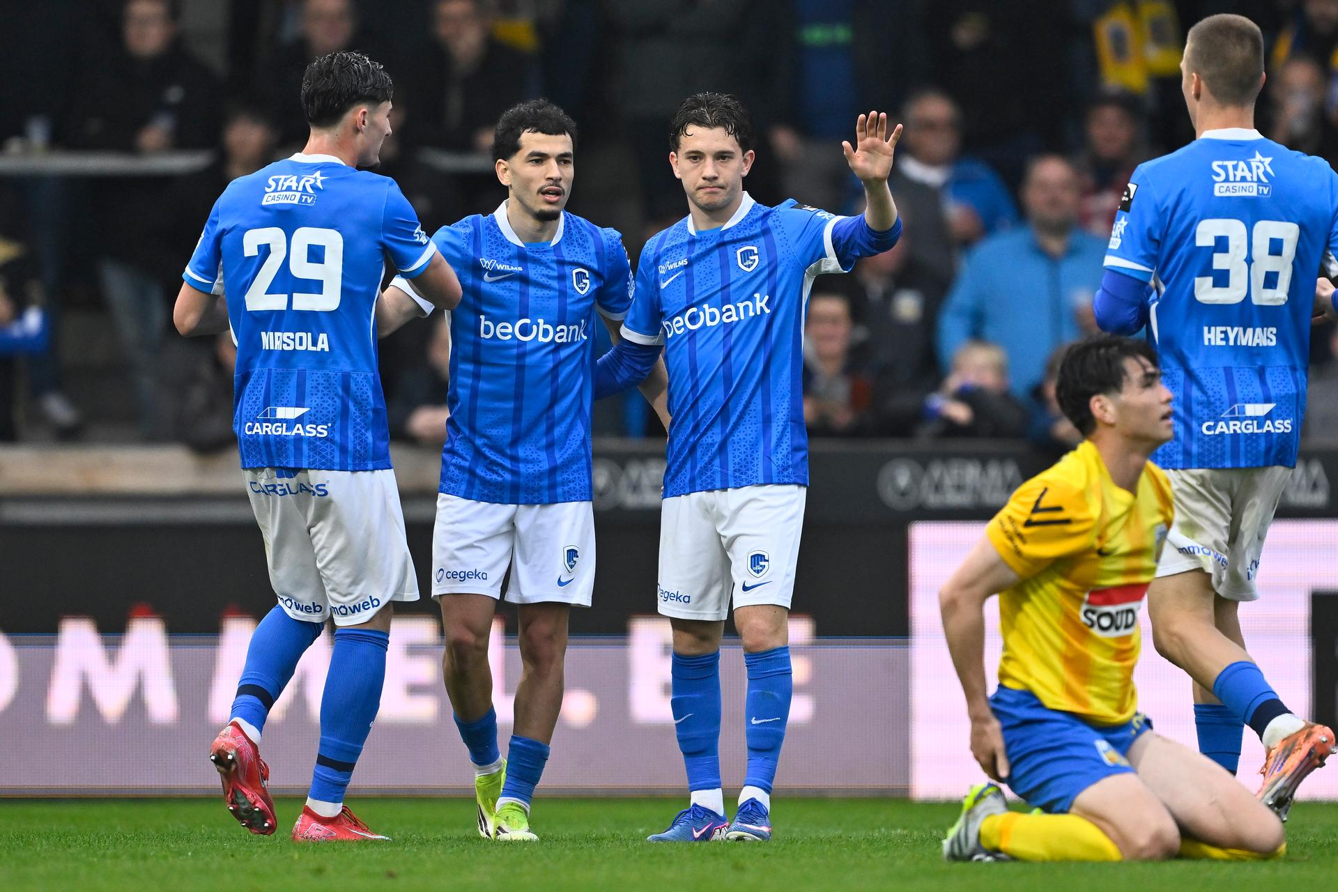 Genk's Robin Mirisola, Genk's Zakaria El Ouahdi, Genk's Konstantinos Kos Karetsas and Genk's Daan Heymans celebrate after scoring during a soccer match between KVC Westerlo and KRC Genk, Saturday 18 April 2026 in Westerlo, on the third day of the Europe Play-offs (PO2) of the 2025-2026 'Jupiler Pro League' first division of the Belgian championship. BELGA PHOTO JOHAN EYCKENS