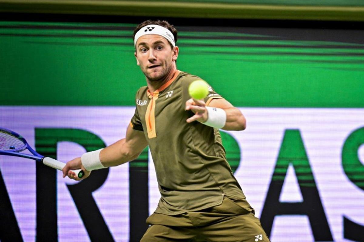 Norway's Casper Ruud returns the ball to Canada's Denis Shapovalov (not in Picture) during the semi-final of the BNP Paribas Nordic Open tennis tournament at the Royal Swedish Tennis Hall in Stockholm, Sweden, on October 18, 2025.   Magnus LEJHALL / TT NEWS AGENCY / AFP