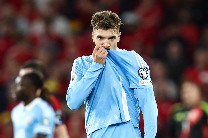 Belgium's Thomas Meunier celebrates after scoring during a soccer game between Wales and Belgian national team Red Devils, in Cardiff, Wales on Sunday 12 October 2025, qualifier 6/8 for the 2026 FIFA World Cup. BELGA PHOTO BRUNO FAHY