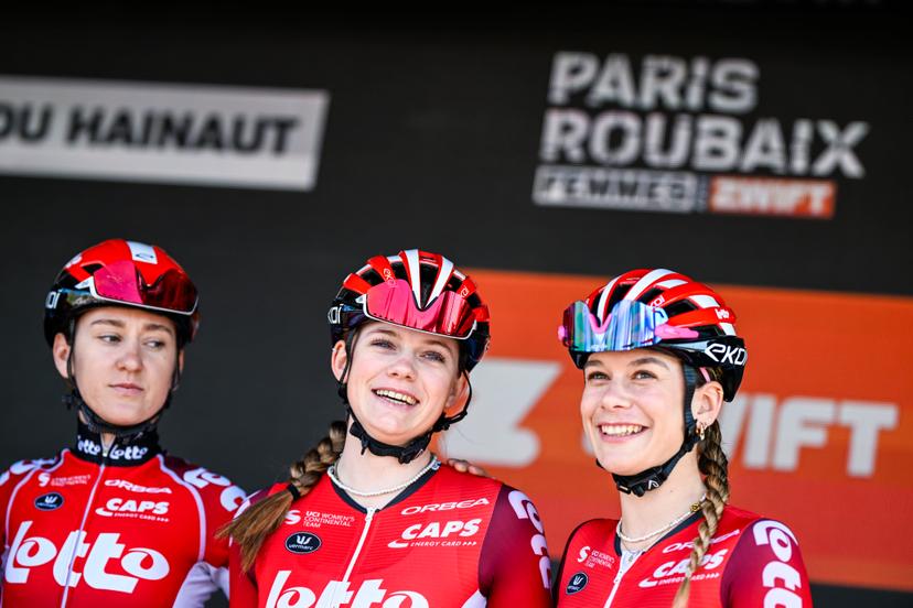 Belgian Ilken Seynave of Lotto Ladies and Belgian Mieke Docx of Lotto Ladies pictured before pictured at the start of the women's race of the 'Paris-Roubaix' one day cycling race, 148,5 km from Denain to Roubaix, France, on Saturday 12 April 2025. BELGA PHOTO JASPER JACOBS