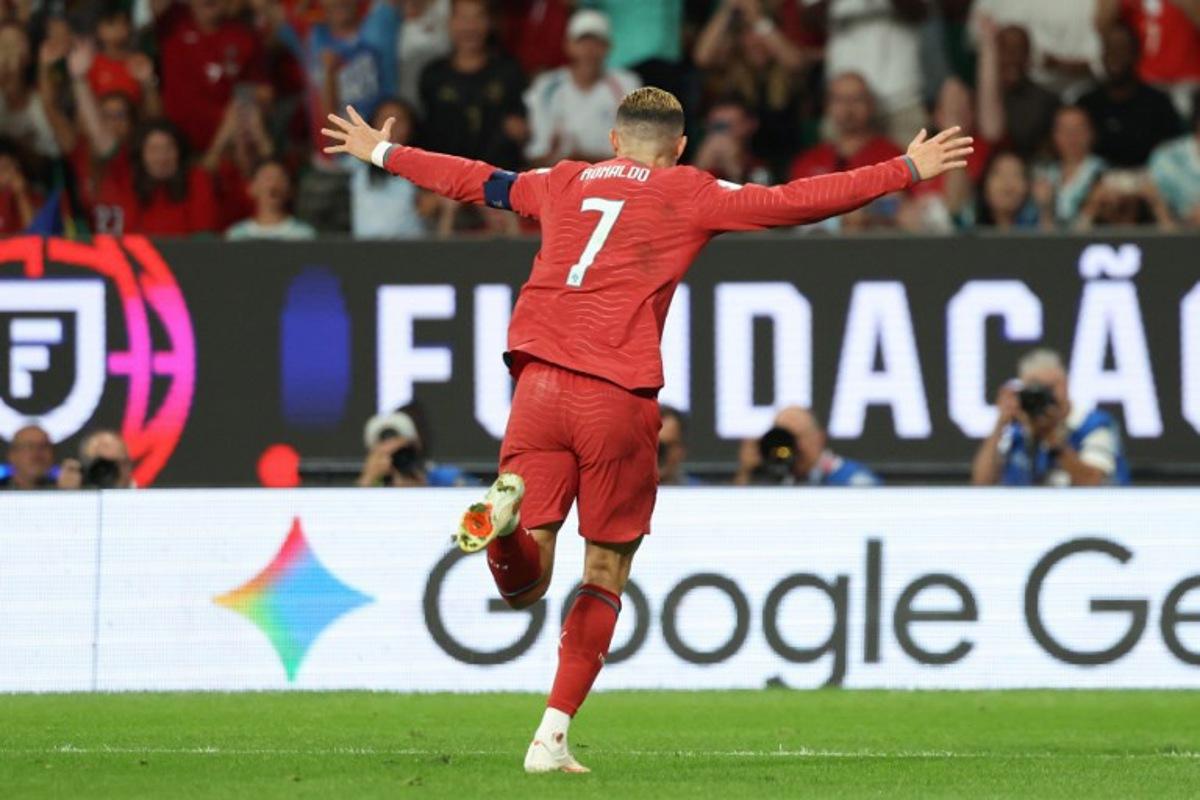Portugal's forward #07 Cristiano Ronaldo celebrates a goal that was later disallowed during the UEFA Nations League league phase group A4 football match between Portugal and Wales at Jose Alvalade stadium in Lisbon on September 24, 2026.  PATRICIA DE MELO MOREIRA / AFP