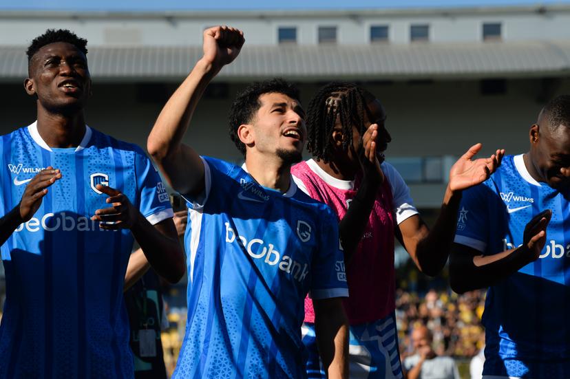 Genk's Zakaria El Ouahdi celebrates after winning a soccer match between Sint-Truidense V.V. and KRC Genk, Sunday 28 September 2025 in Sint-Truiden, on day 9 of the 2025-2026 'Jupiler Pro League' first division of the Belgian championship. BELGA PHOTO JILL DELSAUX