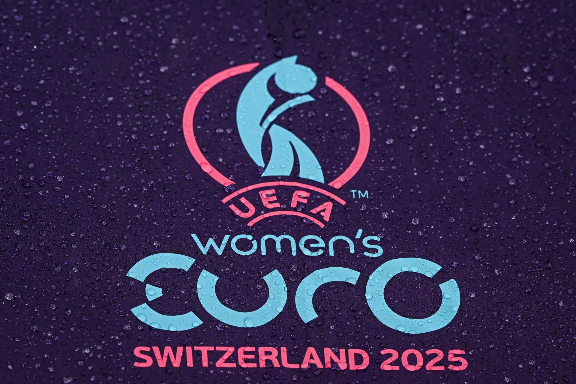 Illustration picture of the UEFA Women's EURO Switzerland 2025 logo under the rain during the women's UEFA Euro 2025 match between Spain and Belgium at Stockhorn Arena on July 7, 2025 in Thun, Switzerland. (Photo by Baptiste Fernandez/Icon Sport) BENELUX ONLY