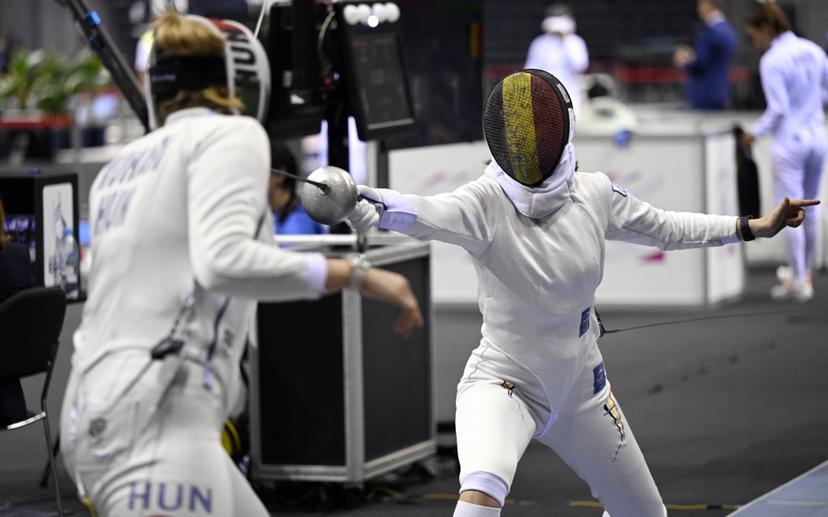 Fencing Athlete Aube Vandingenen pictured during a fight in the women's epee competition, at the European Games in Krakow, Poland on Monday 26 June 2023. The 3rd European Games, informally known as Krakow-Malopolska 2023, is a scheduled international sporting event that will be held from 21 June to 02 July 2023 in Krakow and Malopolska, Poland. BELGA PHOTO LAURIE DIEFFEMBACQ
