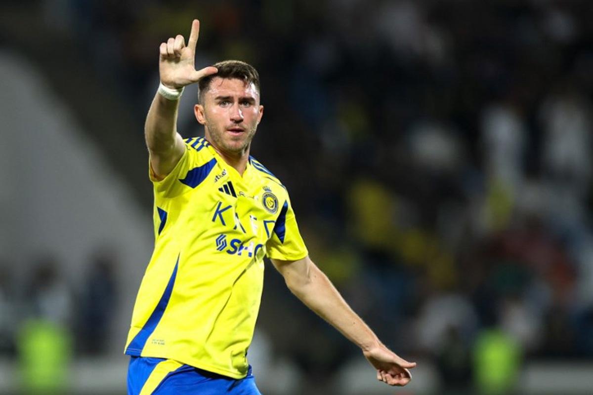 Nassr's French defender #27 Aymeric Laporte celebrates after scoring his team's first goal during the Saudi Pro League football match between Damac and Al-Nassr at Prince Sultan bin Abdulaziz Sports City in Abha on April 22, 2025.  AFP