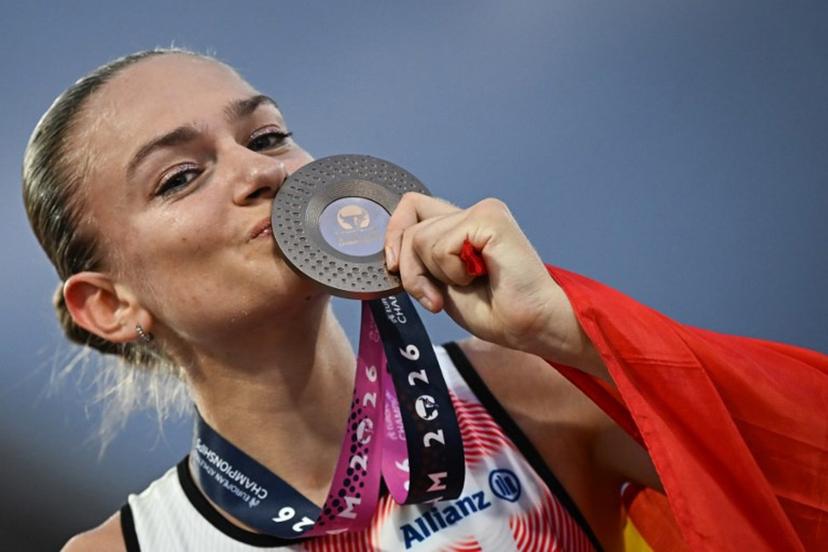 Bronze medallist Belgium's Jana van Lent celebrates after competing in the women's 10,000m final during the European Athletics Championships at Alexander Stadium in Birmingham on August 14, 2026.  Paul ELLIS / AFP