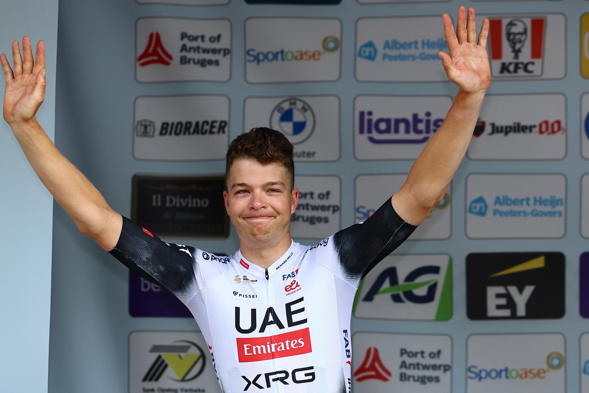 Belgian Florian Vermeersch of UAE Team Emirates pictured on the podium the men's elite individual time trial of the Belgian Cycling Championships, 40,2km, in Brasschaat, on Friday 27 June 2025. BELGA PHOTO DAVID PINTENS