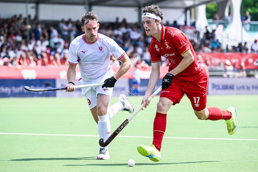 England's David Goodfield and Belgium's Guillaume Hellin pictured in action during a hockey game between Belgian national team Red Lions and England, match 16/16 in the group stage of the 2025 men's FIH Pro League, Sunday 29 June 2025 in Antwerp. BELGA PHOTO TOM GOYVAERTS