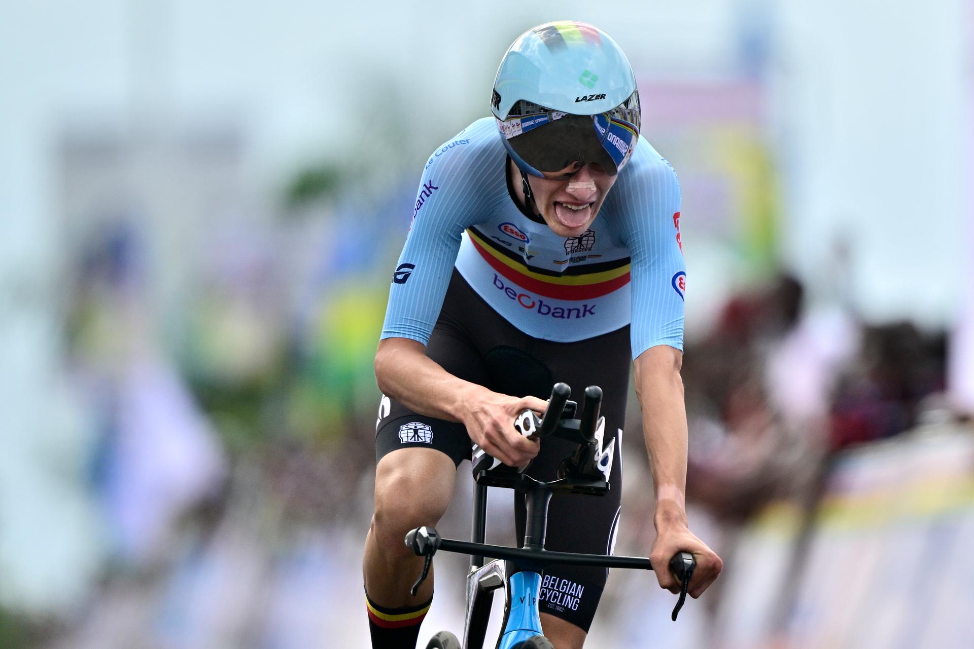 Belgian Seff van Kerckhove pictured in action during the Men Junior Individual Time Trial race (22,6km) at the cycling road world championships, in Kigali, Rwanda, Tuesday 23 September 2025. The 2025 UCI Road World Championships take place from 21 to 28 September in Kigali, Rwanda. BELGA PHOTO DIRK WAEM