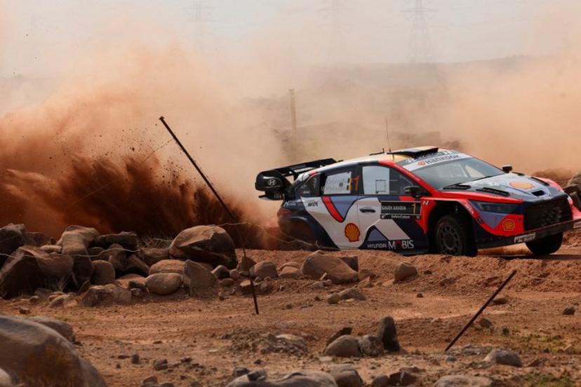 Hyundai Shell Mobis World Rally Team's Belgian driver Thierry Neuville and Belgian co-driver Martijn Wydaeghe steer their Hyundai i20 N Rally1 during the last day of the FIA World Rally Championship (WRC) in Jeddah on November 29, 2025.  Fayez Nureldine / AFP