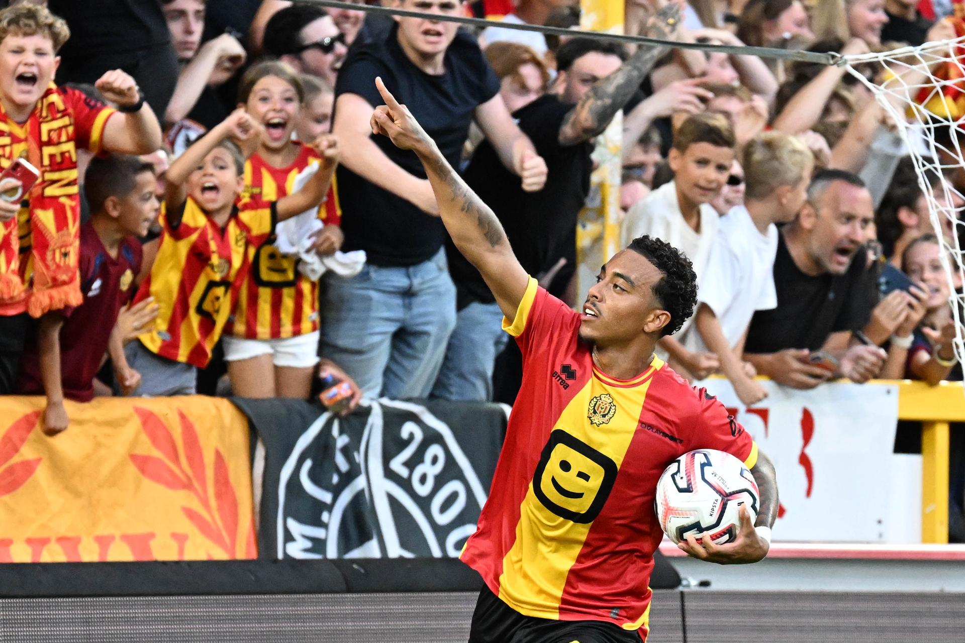 Mechelen's Myron Van Brederode celebrates after scoring the 2-3 goal during a soccer match between KV Mechelen and Standard de Liege, Sunday 16 August 2026 in Mechelen, on day 2 of the 2026-2027 'Jupiler Pro League' first division of the Belgian championship. BELGA PHOTO MAARTEN STRAETEMANS