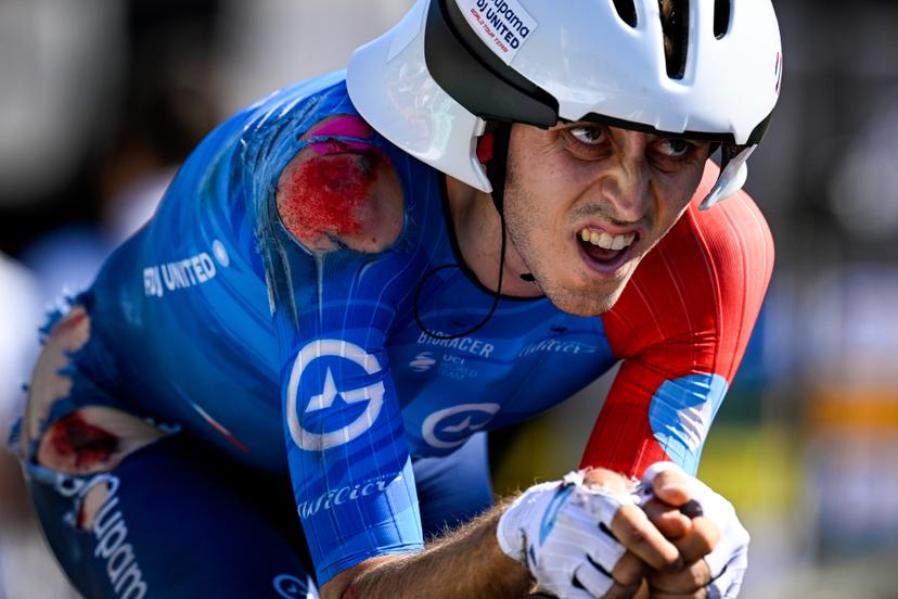 French Clement Berthet of Groupama-FDJ United crosses the finish line of the first stage of the 2026 Tour de France cycling race, a team time trial of 19km with start and finish in Barcelona, Spain, Saturday 04 July 2026. The 113th edition of the Tour de France starts on Saturday 4 July in Barcelona, Spain, and will finish in Paris, France on the 26th of July. BELGA PHOTO JASPER JACOBS