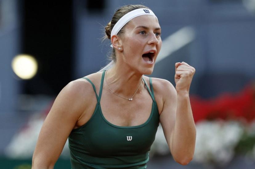 Ukraine's Marta Kostyuk reacts as she plays against Czech Republic's Linda Noskova during their 2026 WTA Tour Madrid Open tennis tournament  quarter-final singles match at the Caja Magica in Madrid, on April 29, 2026.  OSCAR DEL POZO / AFP