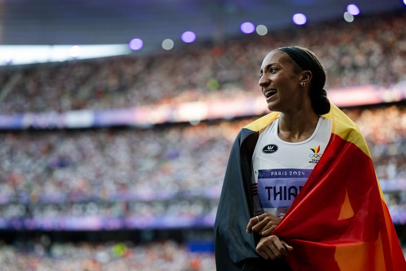 240809 Nafissatou Nafi Thiam of Belgium celebrates after women's athletics heptathlon 800m during day 14 of the Paris 2024 Olympic Games on August 9, 2024 in Paris.  Photo: Jon Olav Nesvold / BILDBYRÅN / COP 217 / VG0647 bbeng friidrott athletics friidrett olympic games olympics os ol olympiska spel olympiske leker paris 2024 paris-os paris-ol jubel BELGIUM ONLY