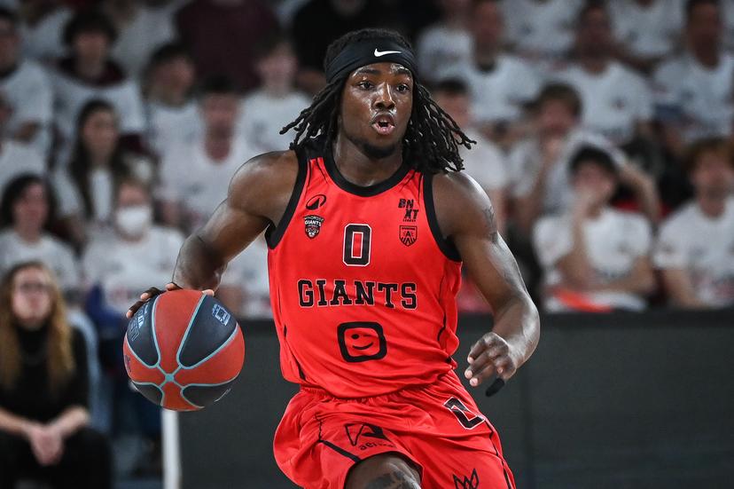 Antwerp's Rasheed Bello pictured in action during a basketball match between Antwerp Giants and Leuven Bears, Sunday 22 March 2026 in Charleroi, the final of the men's Belgian 2026 Basketball Cup. BELGA PHOTO ELIAS ROM