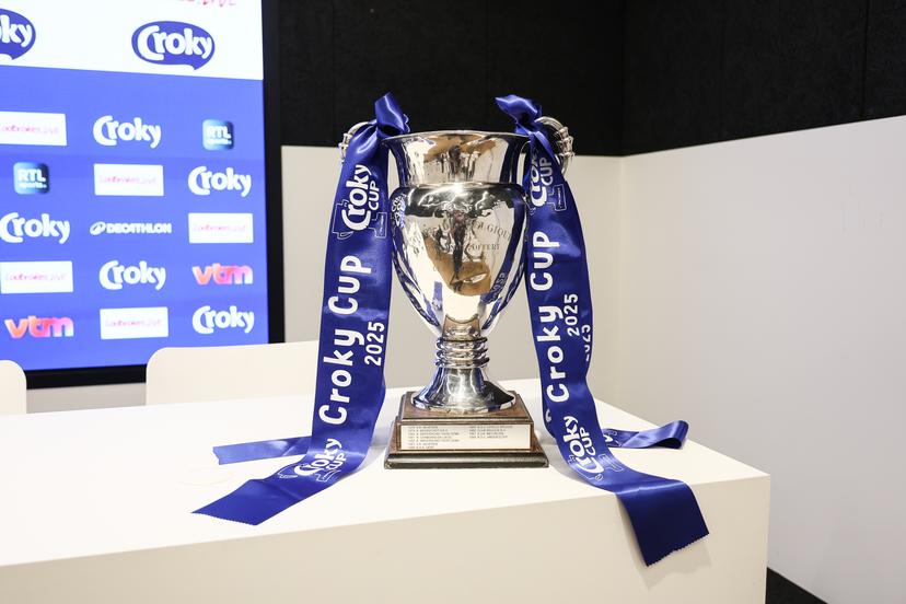 this picture shows the Croky cup trophy ahead of a press conference of Belgian soccer team RSC Anderlecht in Brussels, Saturday 03 May 2025. The team is preparing for the Belgian Cup final (Croky Cup) match against Club Brugge this sunday. BELGA PHOTO BRUNO FAHY