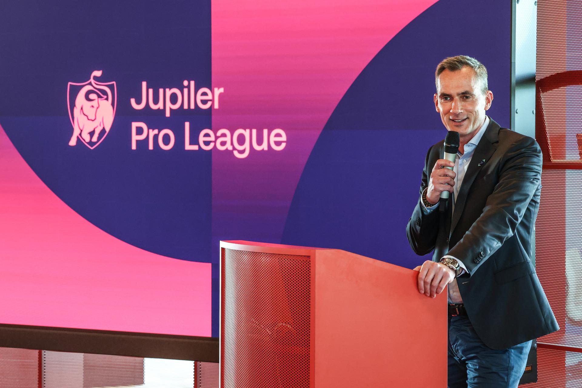 Loryn Parijs delivers a speech at a press dinner of the Pro League in preparation of the 2025-2026 soccer season, Wednesday 23 July 2025, in Machelen. BELGA PHOTO BRUNO FAHY