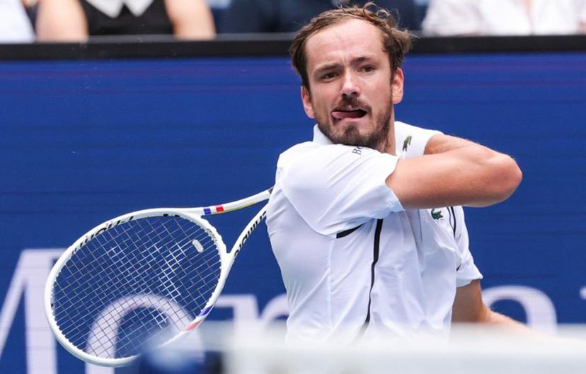 Russia's Daniil Medvedev hits a return to USA's Sebastian Gorzny during their men's singles second round tennis match on day four of the US Open tennis tournament at the USTA Billie Jean King National Tennis Center in New York on September 2, 2026.  KENA BETANCUR / AFP