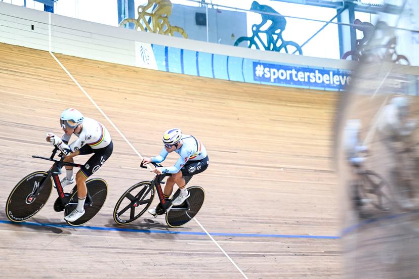 Belgian Lindsay De Vylder and Belgian Jules Hesters pictured in action during a training session of the delegation for the upcoming World Track Cycling Championships, Tuesday 14 October 2025 in Gent. The competition will take place in Santiago, Chile, from 22 to 26 October 2025. BELGA PHOTO TOM GOYVAERTS