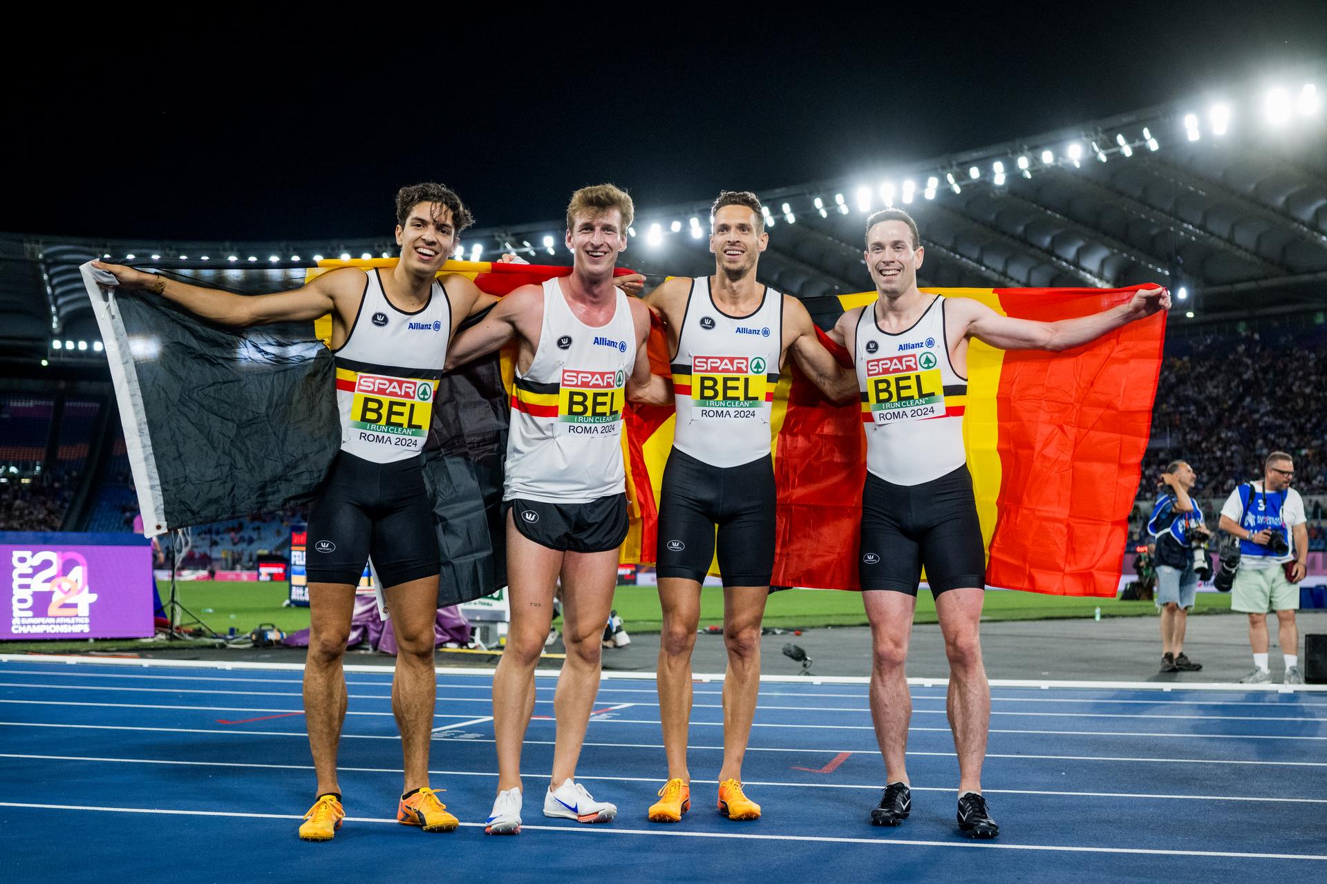 Belgian Jonathan Sacoor, Belgian Alexander Doom, Belgian Dylan Borlee and Belgian Robin Vanderbemden celebrate after winning the Men's 4x400m relay final at the European Championships Athletics in Rome, Italy, on Wednesday 12 June 2024. The European Athletics Championships take place from 7 to 12 June. BELGA PHOTO JASPER JACOBS