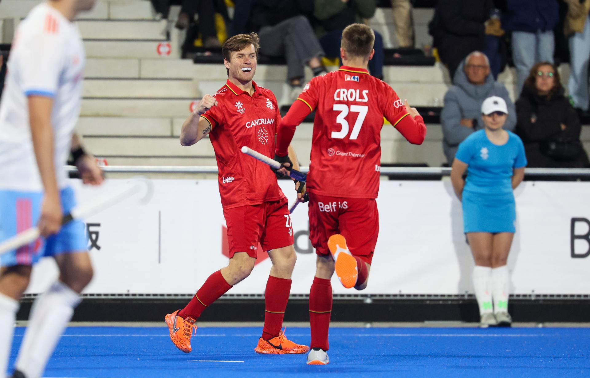 Belgium's Tom Boon celebrates after scoring during a friendly game between Belgium national men team Red Lions and The Netherlands, at the new Belfius Arena, in Wavre, Wednesday 01 April 2026. The stadium is the first facility of its kind in Belgium to be entirely dedicated to field hockey and will host the FIH Hockey World Cup 2026. BELGA PHOTO VIRGINIE LEFOUR