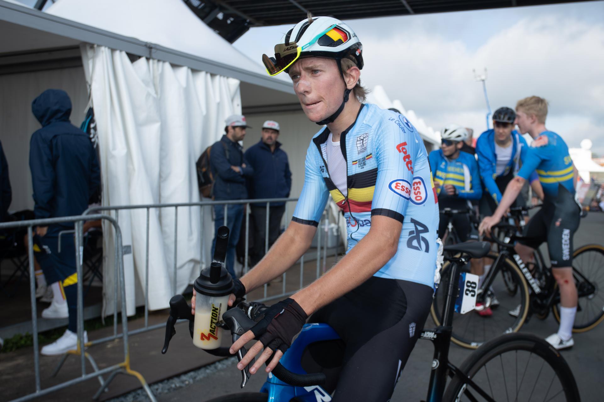 Belgian Niels Driesen pictured after the Junior Men's Road Race, 111km around and on the Col du VAM, on day 4 of the UEC Road European Championships in Wijster, The Netherlands, Saturday 23 September 2023. The European cycling championships takes place from 20 to 24 september. BELGA PHOTO DAVID PINTENS