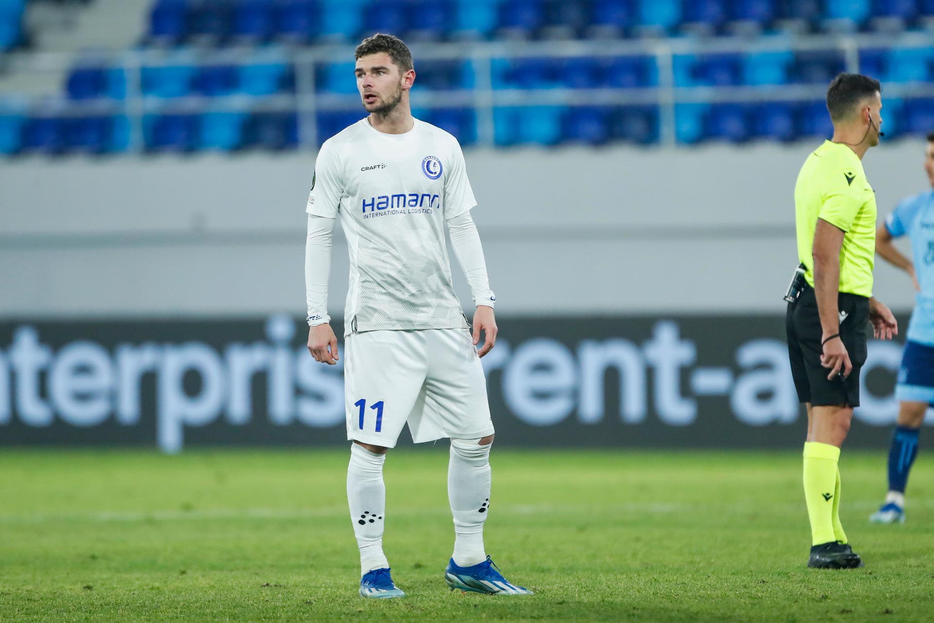 Gent's Hugo Cuypers looks dejected during a game between Belgian soccer team KAA Gent and Israeli Maccabi Tel Aviv, Thursday 14 December 2023 in Backa Topola, Serbia, on the sixth and last day of the group phase of the UEFA Conference League competition, in group B. BELGA PHOTO NIKOLA KRSTIC