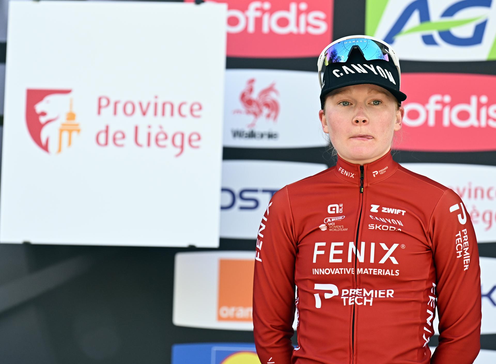 Dutch Puck Pieterse of Fenix-Premier Tech pictured on the podium after the women's race of the 'La Fleche Wallonne', one day cycling race (Waalse Pijl - Walloon Arrow), 148,2 km from Huy to Huy, Wednesday 22 April 2026. BELGA PHOTO DAVID PINTENS